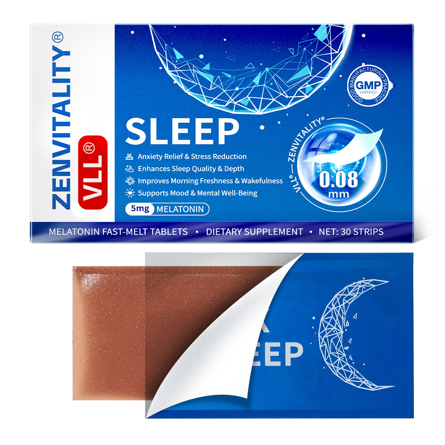 VLLOral Sleep Strips Melatonin 5mg Powerful Sleep Support Supplement with L-Tryptophan|Vitamin B6|B5|GABA|11 Sleep Aid Factors/0 Sugar/Calories/Gluten|Vegan|Blueberry Flavor (30 Count(Pack of 1))